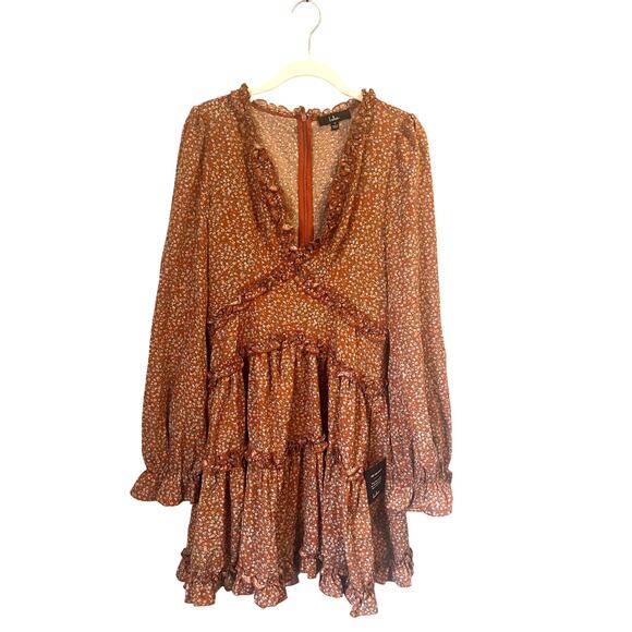 NWT Lulus Admire You Burnt Orange Floral Print Ruffled Long Sleeve Mini Dress M - Picture 4 of 12